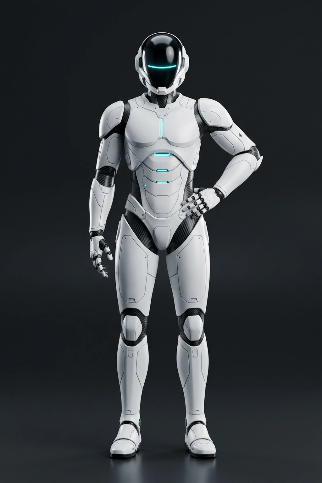 A premium white ToThienPhu humanoid work robot with a dark visor, articulated hands and the canonical red ToThienPhu crab badge at its chest.